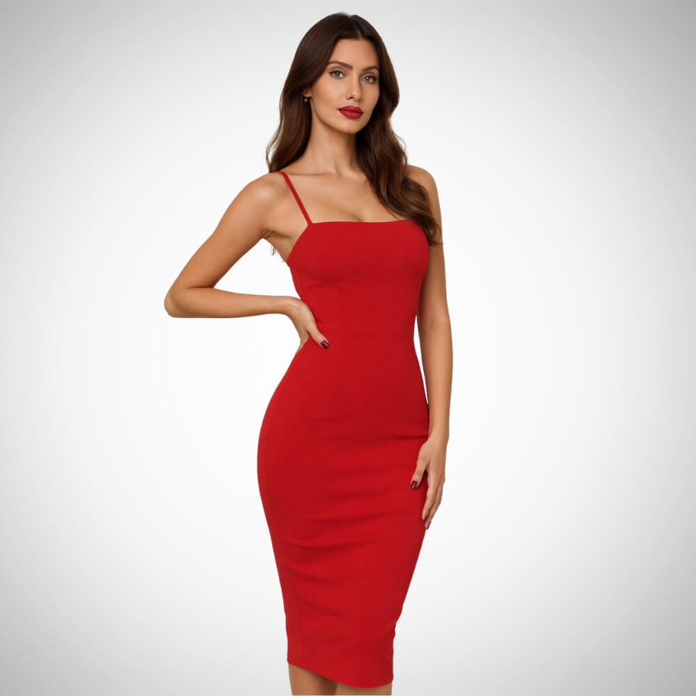 κόκκινο γυναικείο μίντι εφαρμοστό φόρεμα μέχρι το γόνατο