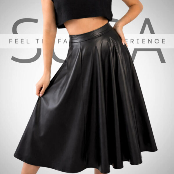 μίντι φούστα τύπου δερμάτινη σε μαύρο χρώμα πλισέ
