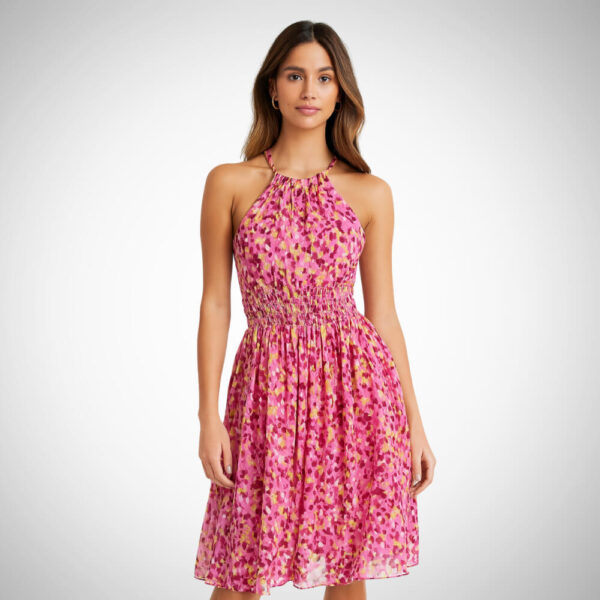 γυναικείο μίντι φόρεμα ροζ με σχέδιο που δένει στο λαιμό