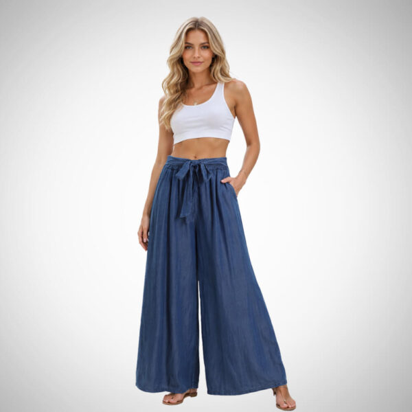 Casual γυναικείο denim palazzo παντελόνι με φαρδιά μπατζάκια και κορδόνι στη μέση, τέλειο για καλοκαιρινό και μοντέρνο look.