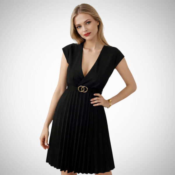 μίντι μαύρο γυναικείο φόρεμα κλασικό πλισέ με ζώνη στη μέση