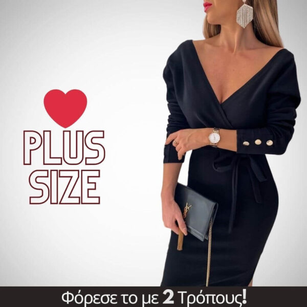 Plus Size - Μαύρο midi φόρεμα με V