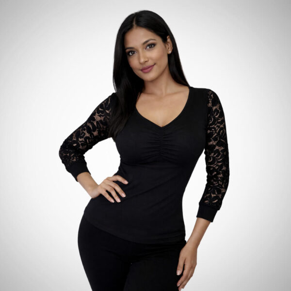 μαύρες γυναικείες οικονομικές μακρυμάνικες μπλούζες με δαντέλα στα μανίκια