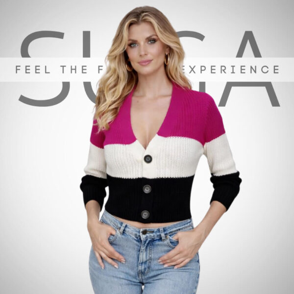 Cropped πλεκτή ζακέτα με V λαιμόκοψη, μακρύ μανίκι και μεγάλα κουμπιά, σε τρεις αποχρώσεις (ροζ/λευκό/μαύρο).