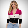 Cropped πλεκτή ζακέτα με V λαιμόκοψη, μακρύ μανίκι και μεγάλα κουμπιά, σε τρεις αποχρώσεις (ροζ/λευκό/μαύρο).