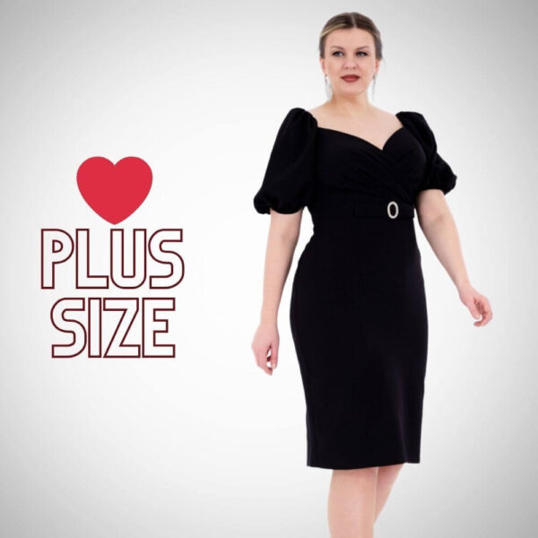 Plus Size - Midi μαύρο pencil φόρεμα με ζώνη στη μέση Suga