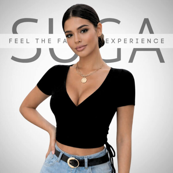 Μαύρο κρουαζέ τοπ Suga Style με κοντό μανίκι και V ντεκολτέ, one size έως L