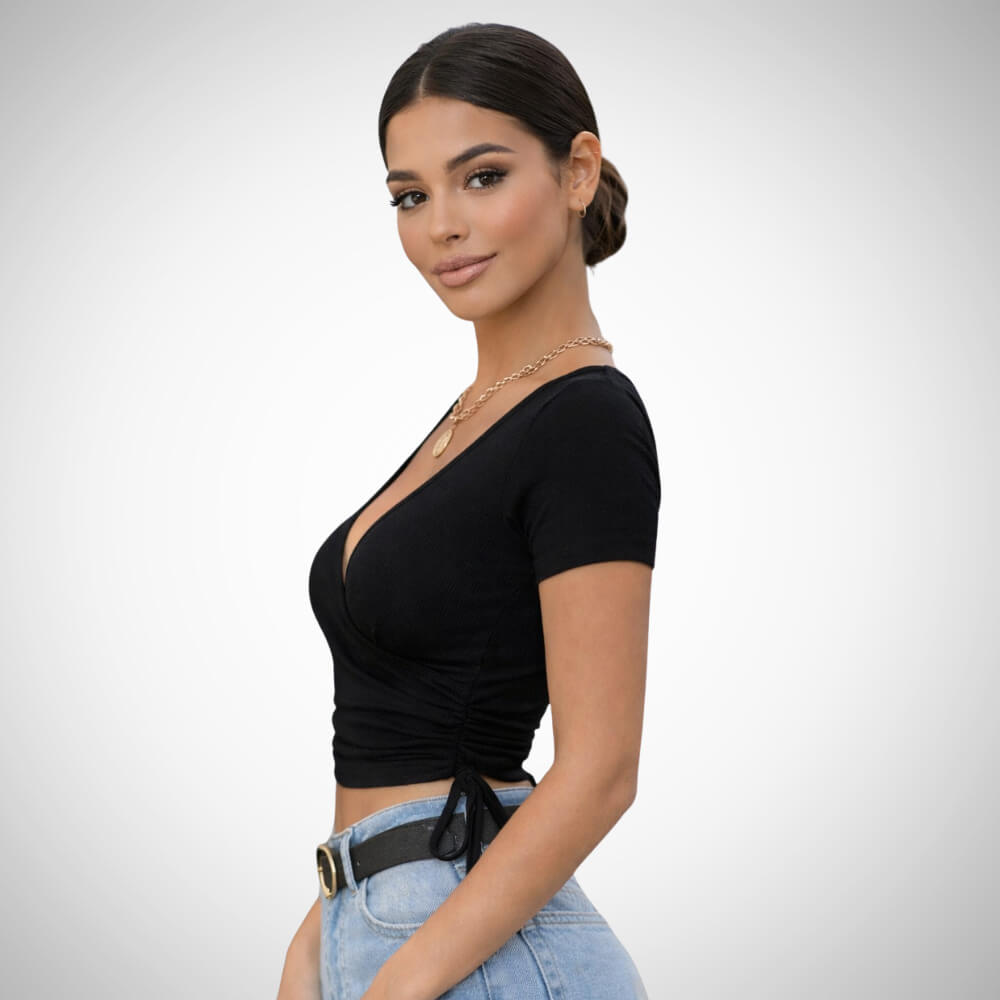 Γυναικείο μαύρο wrap top με rib ύφανση, V λαιμόκοψη και δέσιμο στο πλάι, one size (έως L)