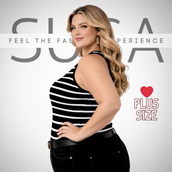 Αμάνικη plus size μπλούζα ριγέ λευκό/μαύρο με οριζόντιες ρίγες και rib ύφανση, μέγεθος 2XL/3XL