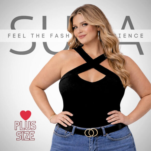 Μαύρη plus size μπλούζα με χιαστί ντεκολτέ και εφαρμοστή γραμμή, μέγεθος 2XL/3XL