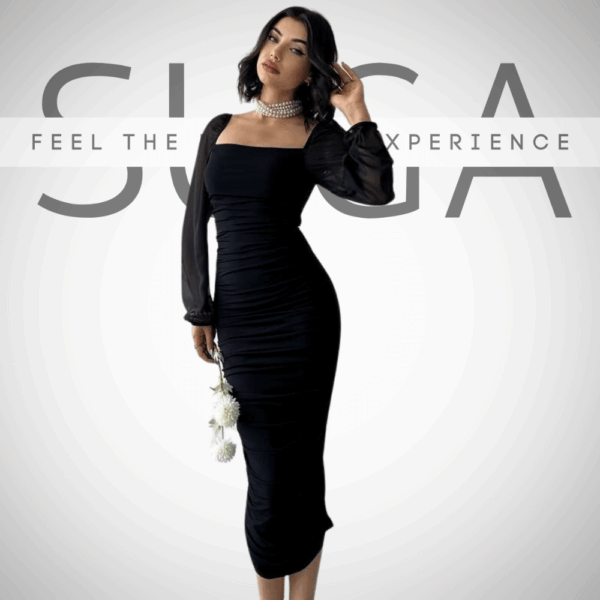 μίντι μαύρο κλασικό φόρεμα εφαρμοστό έως το γόνατο με διαφάνειες στα μανίκια