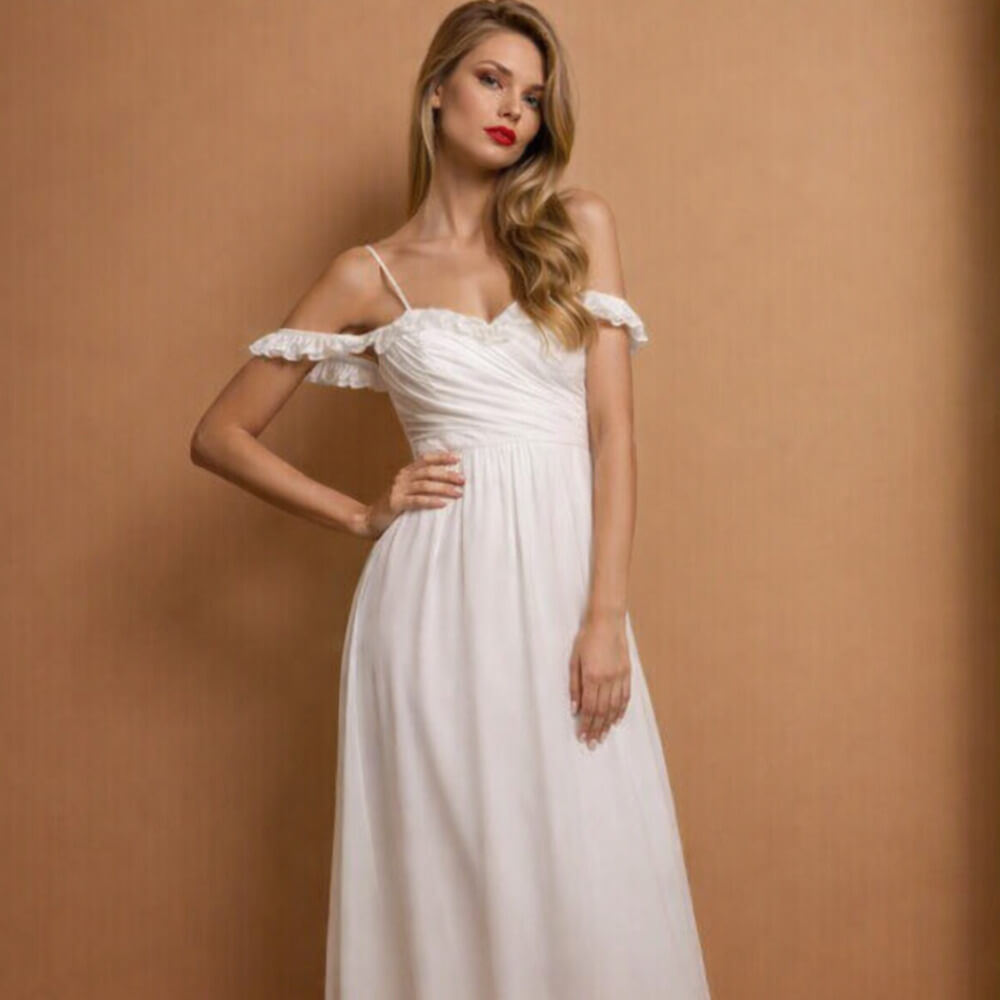 νυφικό φόρεμα για μετά το γάμο ή τη μέρα του γάμου σε θρησκευτικό ή πολιτικό. ρομαντική αίσθηση.