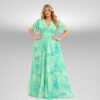 Plus size μακρύ φόρεμα σε mint tie-dye/abstract print, κρουαζέ σχέδιο και ριχτά μανίκια τύπου cape.