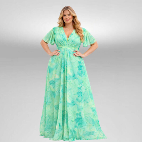 Plus size μακρύ φόρεμα σε mint tie-dye/abstract print, κρουαζέ σχέδιο και ριχτά μανίκια τύπου cape.