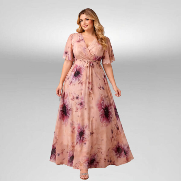 Plus size maxi floral φόρεμα σε μπεζ απόχρωση, κρουαζέ V ντεκολτέ, ζώνη στη μέση και αέρινα μανίκια.