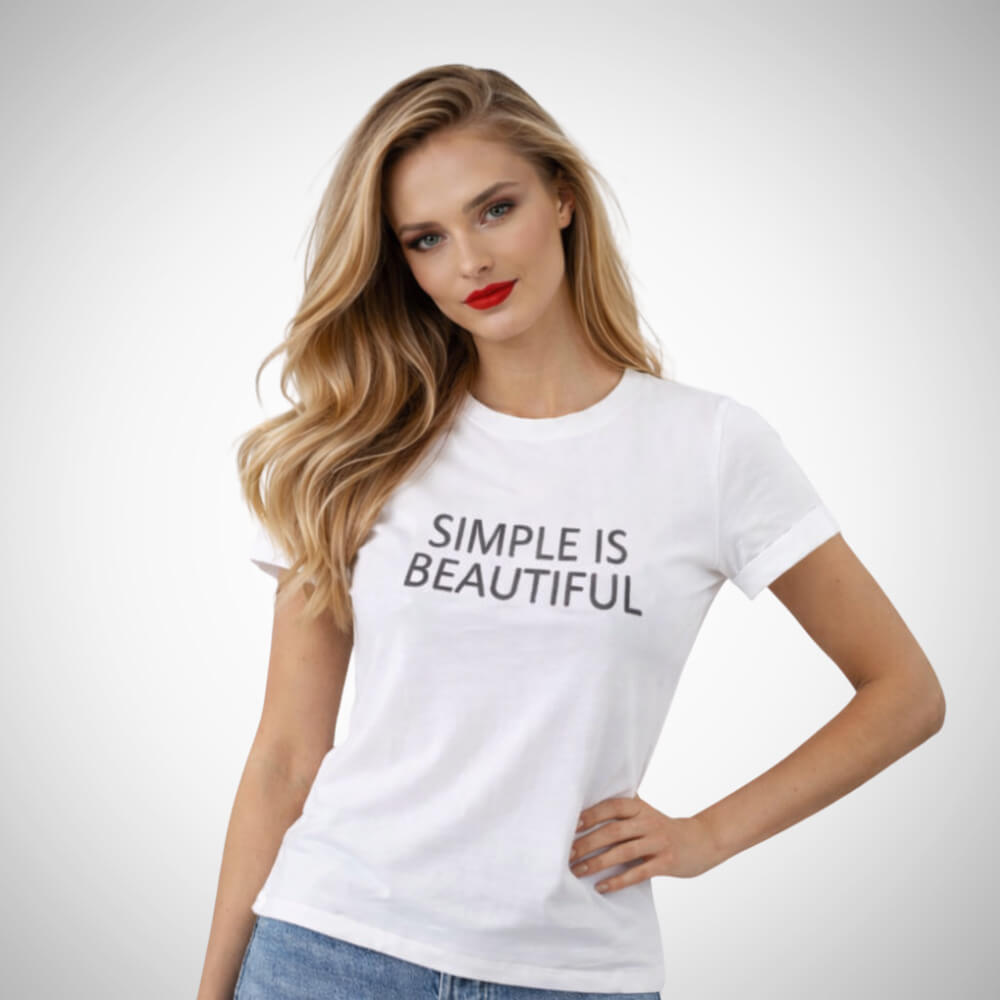 Suga Style λευκό t-shirt one size με μαύρο τύπωμα “Simple is beautiful”, κοντό μανίκι και άνετη γραμμή