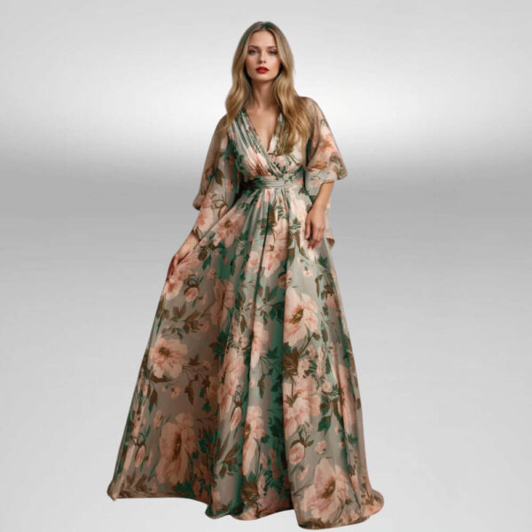 Αέρινο maxi φόρεμα από διάφανο ύφασμα με μεγάλα ανθικά μοτίβα, V λαιμόκοψη κρουαζέ και φούστα που ανοίγει προς τα κάτω.