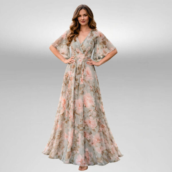 Ρομαντικό μάξι φόρεμα με floral print σε φυστικί βάση και φαρδιά μανίκια τύπου κάπα