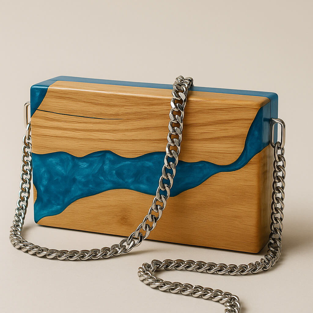 Greek-made designer bag in wood and resin one of a kind piece