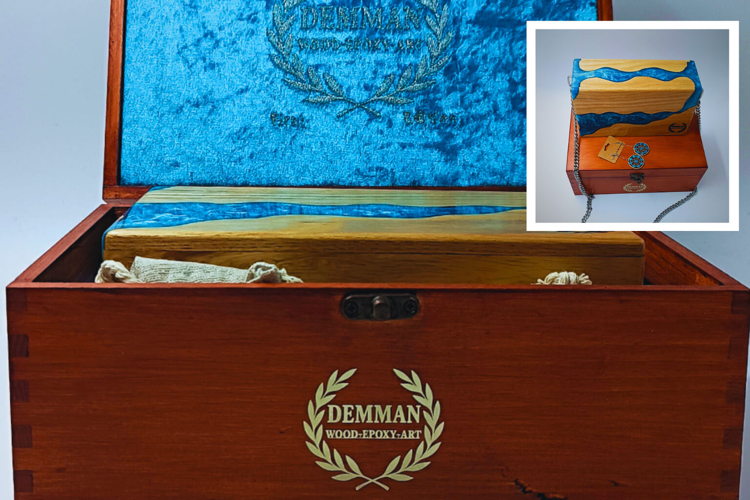 Demman Artbag Blue handmade wooden clutch with deep blue resin design