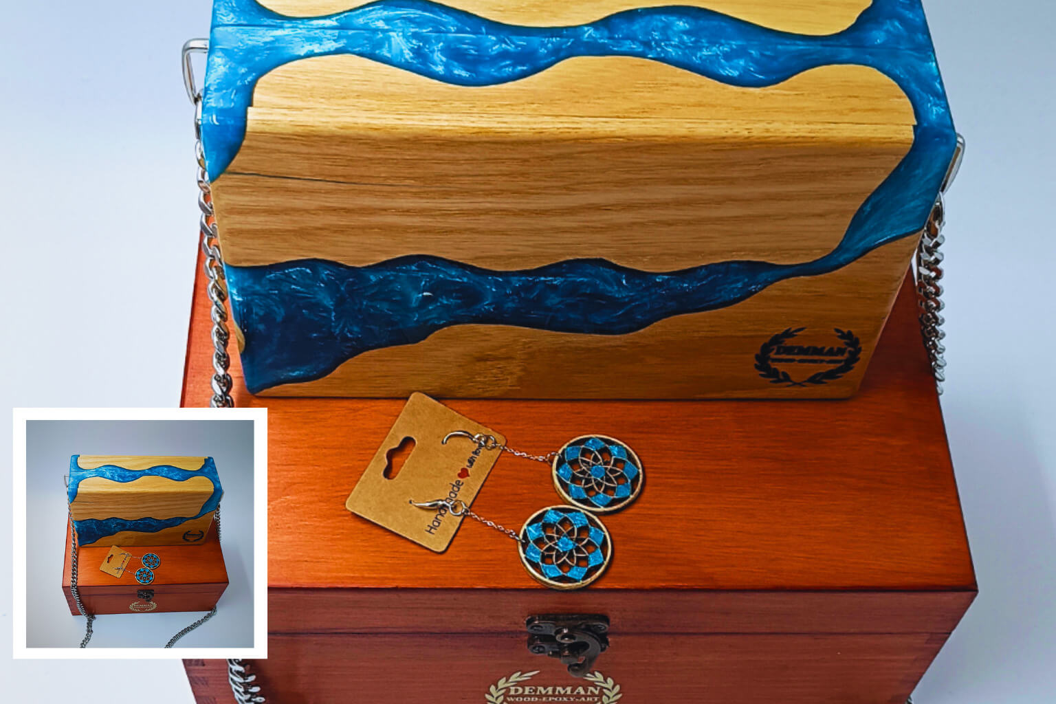 Luxury art clutch bag by Demman & Suga Style natural wood and epox