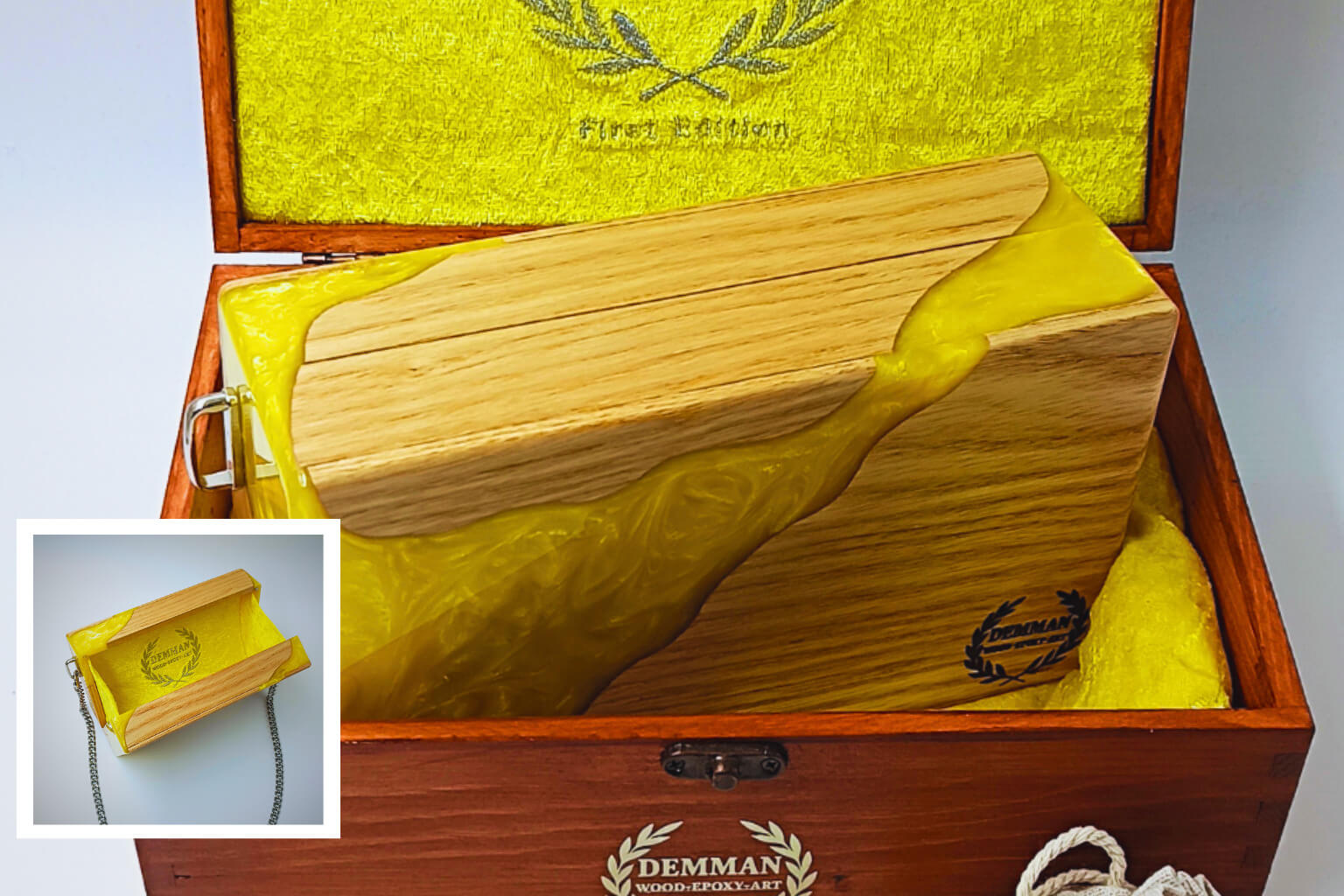 Wooden earrings and authentic Chanel chain included in linen pouch with Demman Artbag set