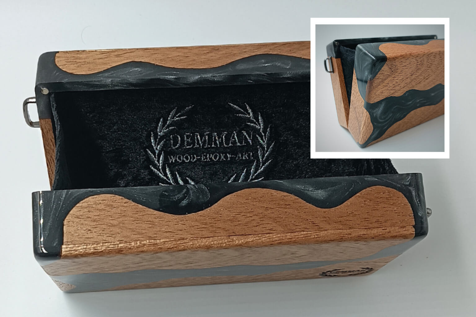 Handmade wooden handbag with black resin details and chain by Demman