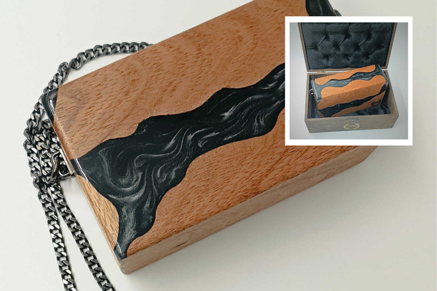 Luxury eco-friendly wooden bag highlighting natural wood grain