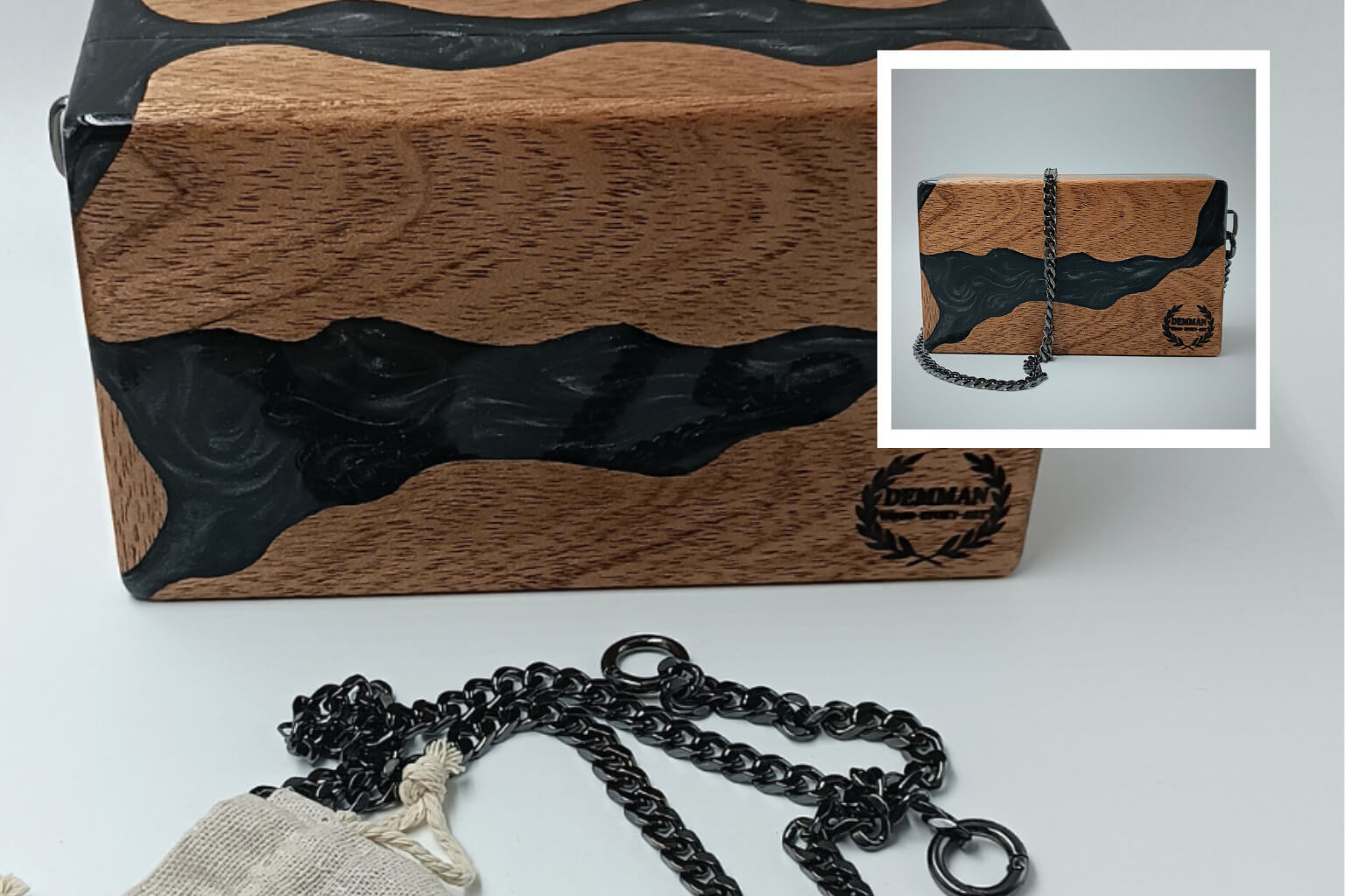 Unique Greek artisan wooden purse with Chanel-inspired chain
