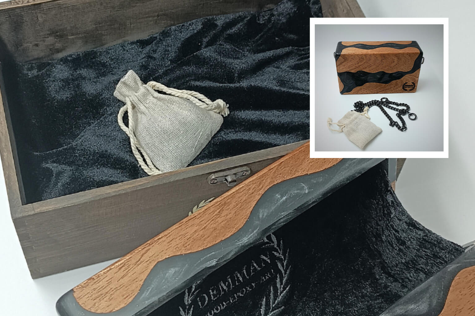 Black wooden clutch bag combining nature and modern design