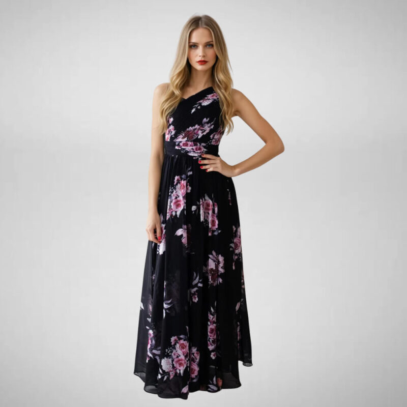 μακρύ μαύρο φόρεμα floral με έναν ώμο