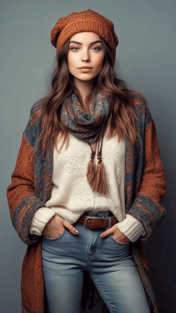 φθινοπωρινό outfit με κασκόλ και ζώνη