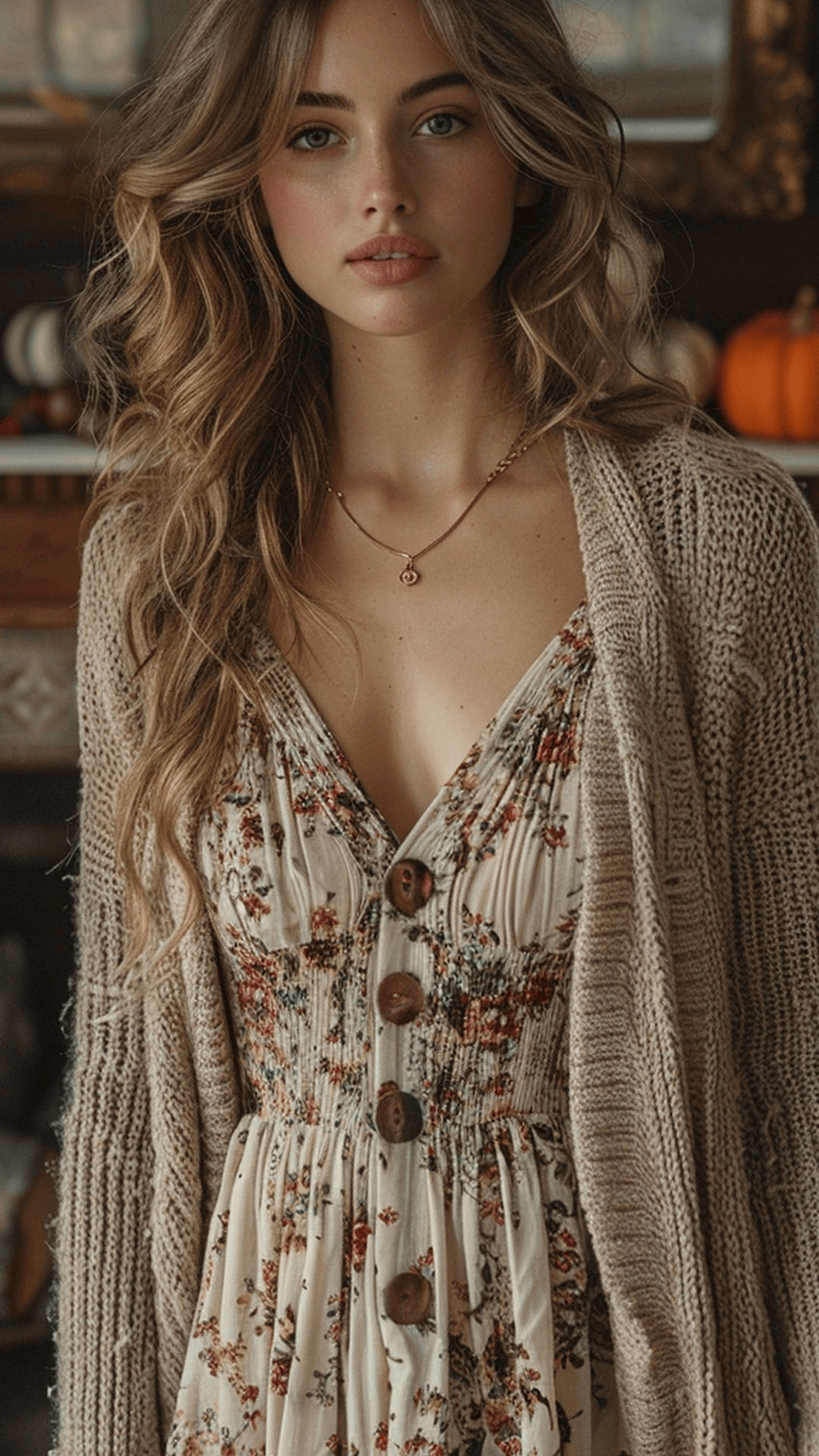 Floral φόρεμα με μάλλινη ζακέτα