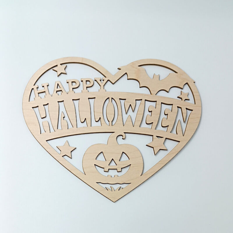 Ξύλινη καρδιά Halloween με κολοκύθα και νυχτερίδα