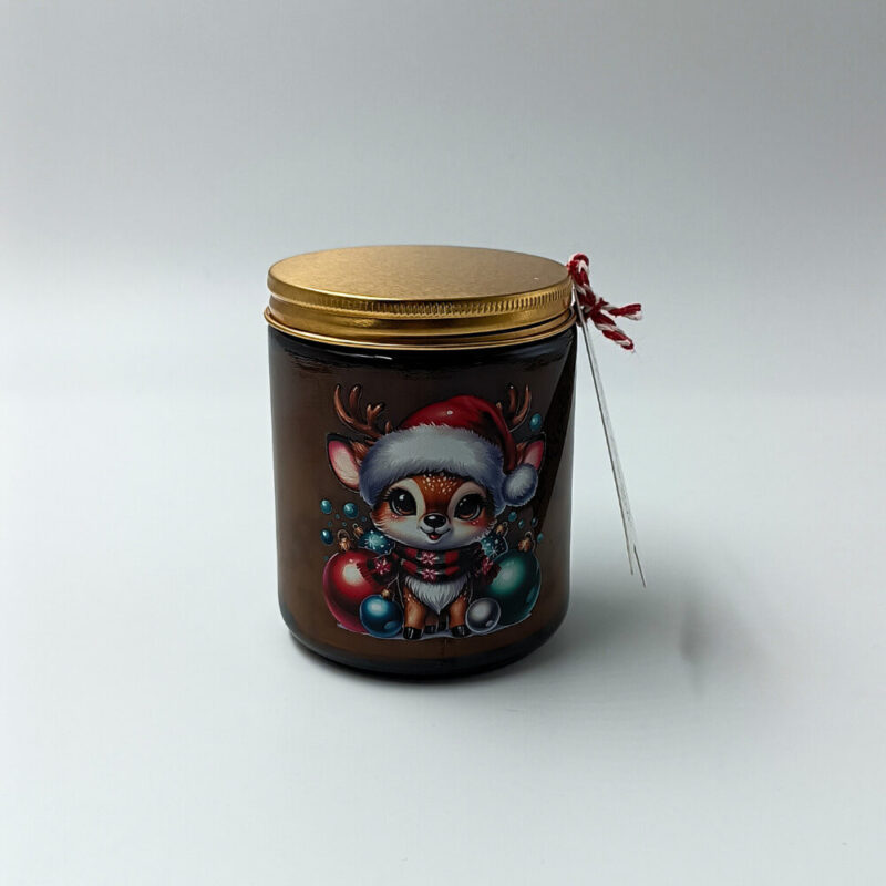 XMAS Little Reindeer κερί σε καραμελέ βάζο με σκούφο Άγιου Βασίλη