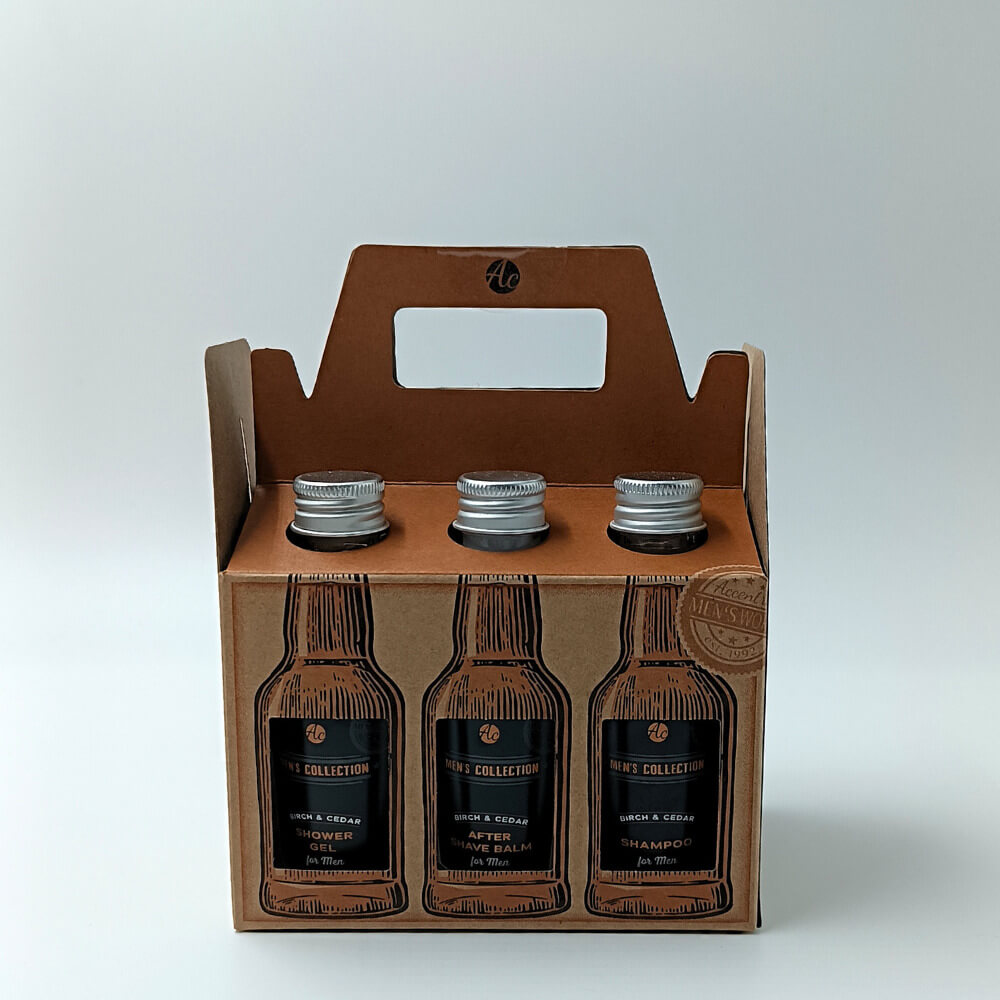 Σετ δώρου ανδρικής περιποίησης Suga Style 6 τεμαχίων — body wash, lotion, after shave, scrub, shampoo — 50 ml το καθένα, σε μπουκαλάκι μπύρας