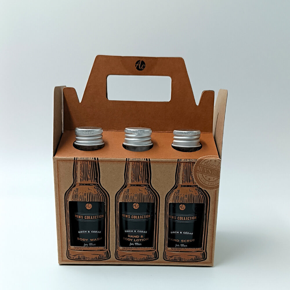 Suga Style ανδρικό χριστουγεννιάτικο σετ περιποίησης — 6 × 50 ml — ιδανικό για ταξίδι» «Σετ περιποίησης για άντρες Suga Style: body wash, scrub, lotion, after shave, shampoo συσκευασία μπουκαλάκι μπύρας