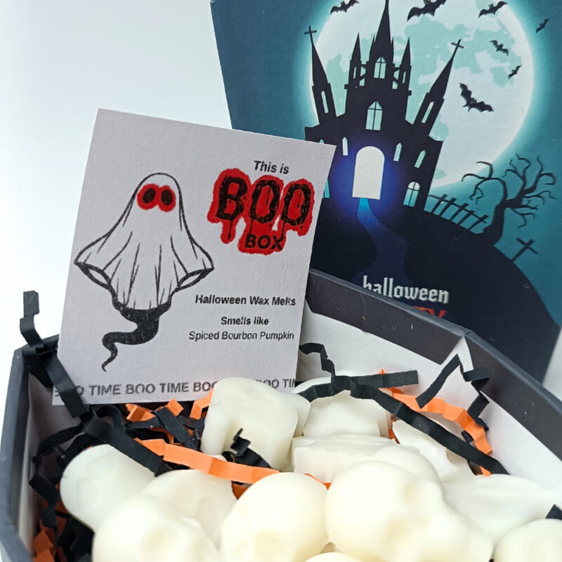 Θεματικό κουτί Boo Box σε σχήμα φέρετρου για Halloween με spooky wax melts