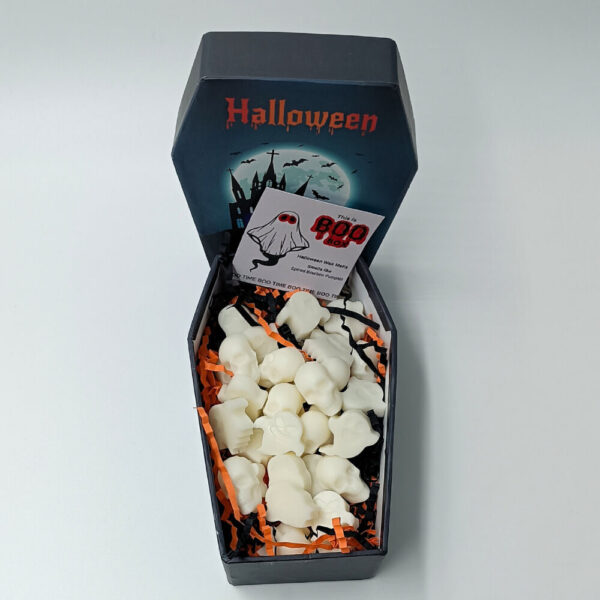 Θεματικό κουτί Boo Box σε σχήμα φέρετρου για Halloween με spooky wax melts
