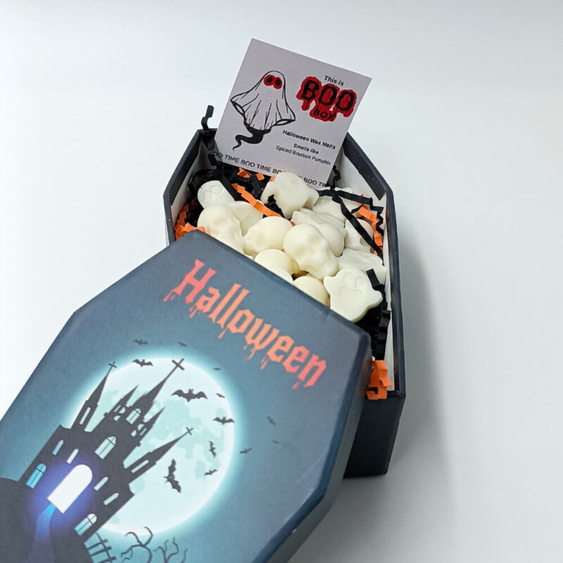Θεματικό κουτί Boo Box σε σχήμα φέρετρου για Halloween με spooky wax melts