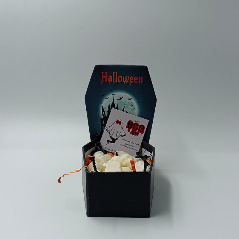 Θεματικό κουτί Boo Box σε σχήμα φέρετρου για Halloween με spooky wax melts