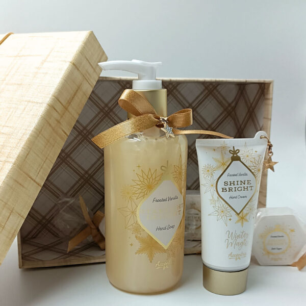 κουτί δώρου με προϊόντα σώματος Frosted Vanilla σαπούνι, κρέμα και bath fizzers