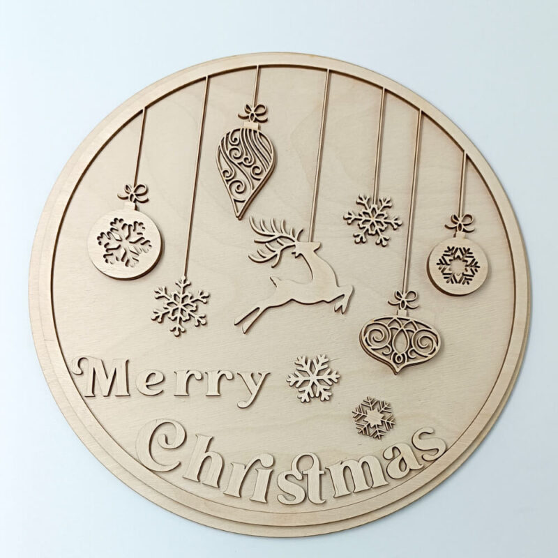 Merry Christmas χριστουγεννιάτικο ξύλινο στρογγυλό μεγάλο στολίδι από ξύλο με χάραξη