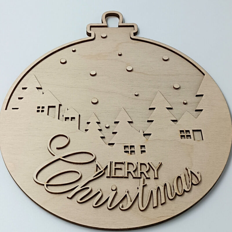 Ξύλινο στολίδι μπάλα Merry Christmas με σπιτάκια και δέντρα