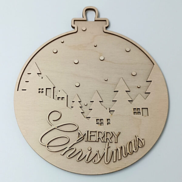 Ξύλινο στολίδι μπάλα Merry Christmas με σπιτάκια και δέντρα