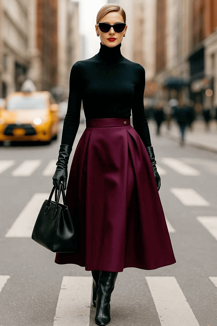 Burgundy φόρεμα με knee-high boots για βραδινό φθινοπωρινό outfit.