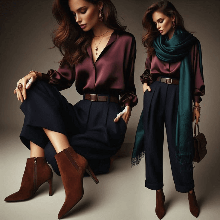 Burgundy φόρεμα με knee-high boots για βραδινό φθινοπωρινό outfit.