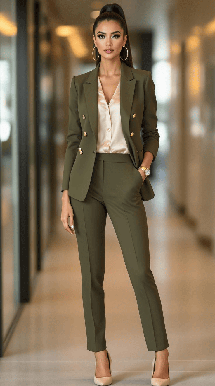 Γυναίκα με olive trench coat και μπεζ outfit για φθινοπωρινό στυλ.