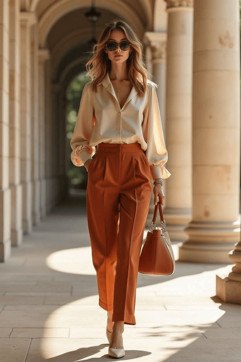 Terracotta outfit με ουδέτερα αξεσουάρ για φθινοπωρινή εμφάνιση.