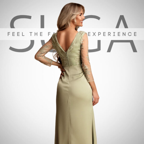 Maxi βεραμάν φόρεμα με δαντέλα, διάφανα μανίκια και ανοιχτή V πλάτη – Suga Collection